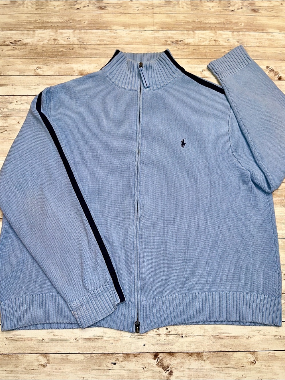 Ralph Lauren Light Blue Full-Zip Knit Sweater with Navy Stripe